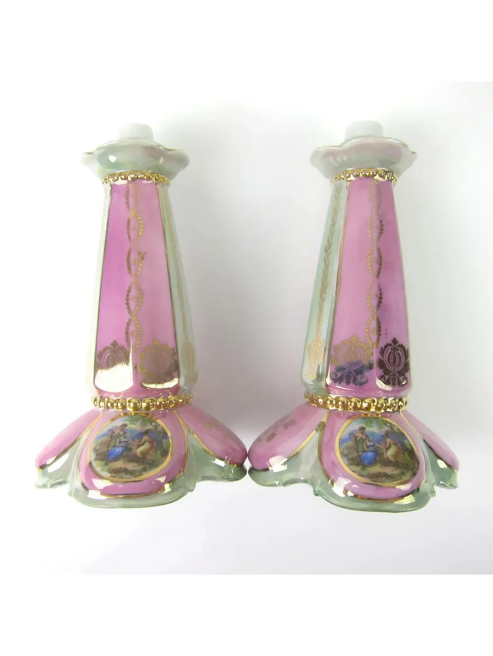 Antique Porcelain Lusterware Lamp Base Pink Green Gold Angelica Kauffman Germany